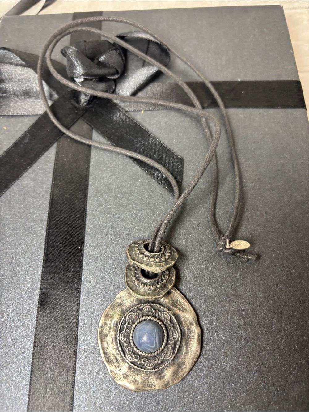 Express Boho Silver-Tone Pendant Necklace with Blue Stone EUC